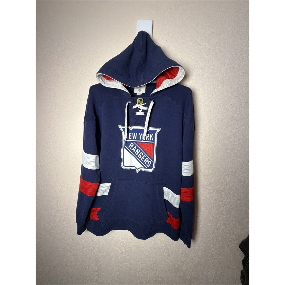 Vintage CCM New York Rangers Hoodie Mens Medium Blue NHL Hockey Lace Up 703FA